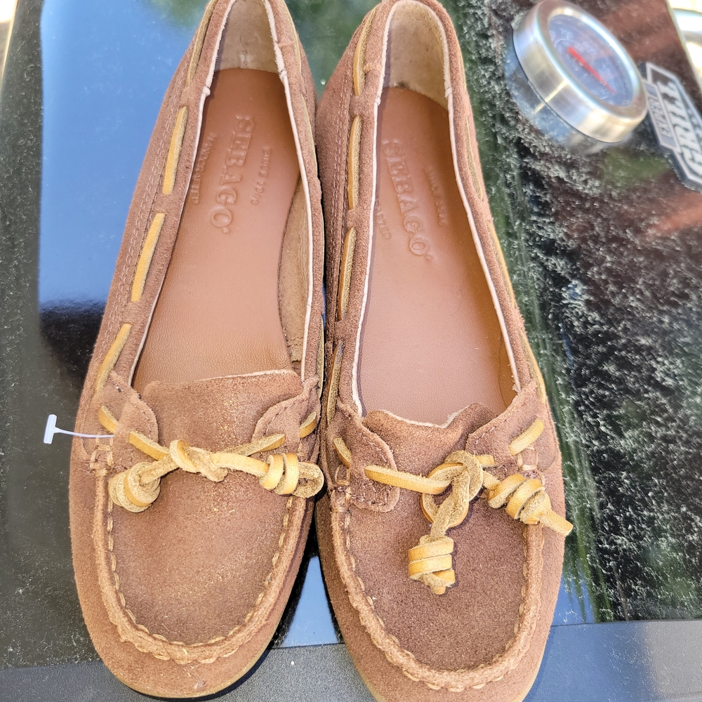 Sebago Tan Suede Loafers with Gold Detailing